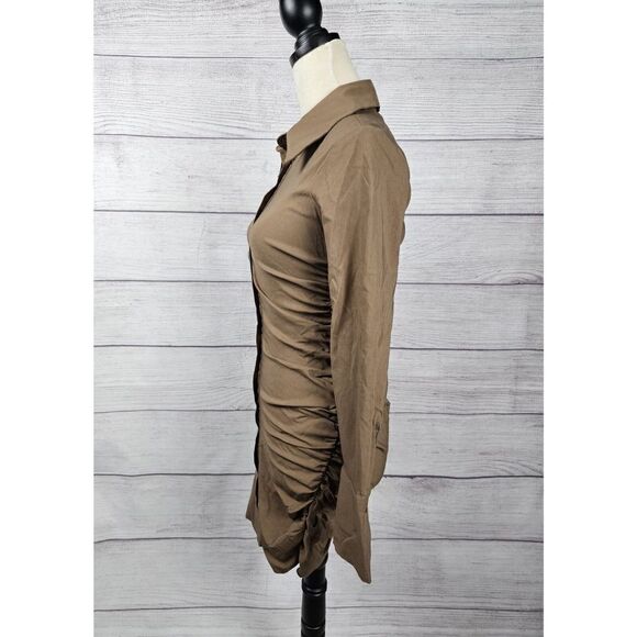 Zara Button Up Bodycon Shirt Dress with Ruching Tan Size Medium - Picture 7 of 11